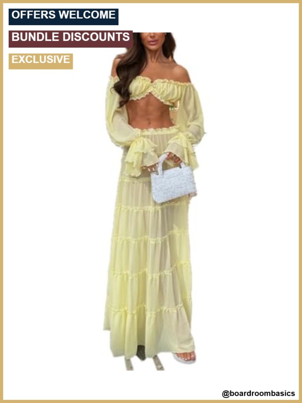 Off Shoulder 2 Piece Maxi Skirt Set Ruffled Crop Top Tiered Skirt Summer
